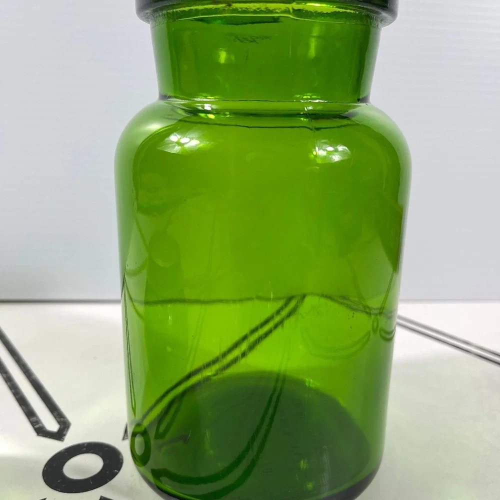 Vintage Belgium Green Glass Apothecary Jar Bubble Lid Canister‎ ~8.5-9